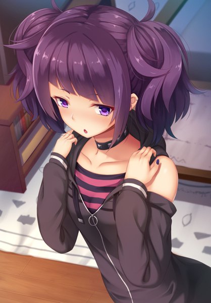 Anime picture 848x1217 with idolmaster idolmaster shiny colors tanaka mamimi momo no kanzume single tall image looking at viewer blush fringe short hair open mouth purple eyes twintails bare shoulders purple hair blunt bangs nail polish fingernails from above :o