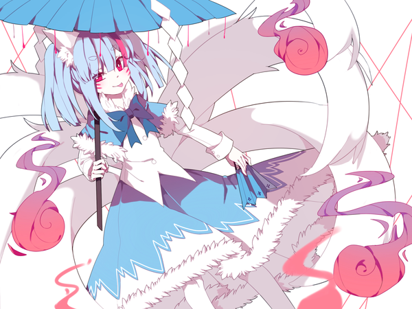 Anime picture 1600x1200 with original gla single looking at viewer fringe short hair smile red eyes white background twintails animal ears blue hair tail blunt bangs animal tail fur trim fox ears facial mark fox tail fox girl