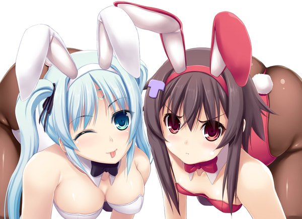 Anime picture 1927x1400 with fujirin long hair blush highres breasts blue eyes light erotic black hair red eyes twintails multiple girls blue hair cleavage one eye closed wink bunny ears bunny girl bunny tail girl hair ornament