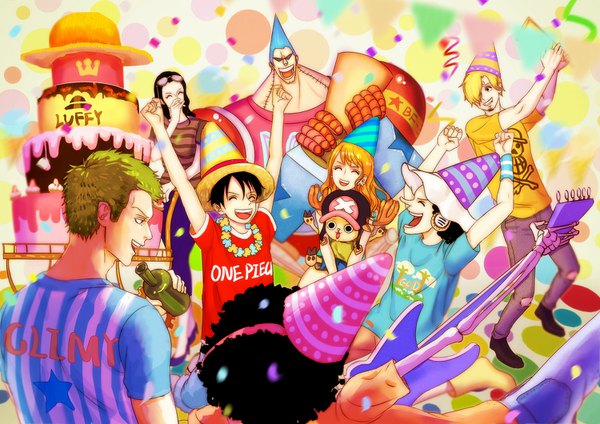 Anime picture 1500x1060 with one piece toei animation nami (one piece) monkey d. luffy nico robin roronoa zoro sanji tony tony chopper usopp franky brook (one piece) an ri long hair fringe short hair open mouth black hair simple background blonde hair smile