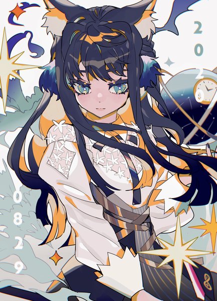 Anime picture 2314x3208 with arknights astesia (arknights) taowu (20809) single long hair tall image highres black hair animal ears upper body multicolored hair aqua eyes orange hair dated colored inner hair girl clock