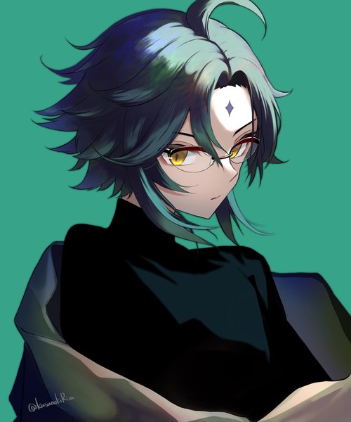 Anime picture 2500x3000 with genshin impact xiao (genshin impact) kusunoki  r single tall image highres short hair black hair simple background signed yellow eyes upper body ahoge twitter username forehead mark bespectacled aqua background boy glasses turtleneck