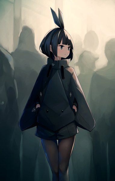 Anime-Bild 2259x3541 mit original fami (yellow skies) single tall image fringe highres short hair blue eyes black hair standing payot looking away blunt bangs long sleeves turning head hands in pockets girl gloves bow hair bow