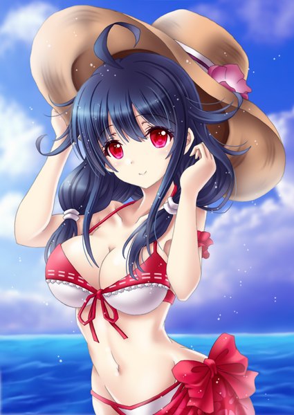 Anime-Bild 850x1200 mit kantai collection taigei light aircraft carrier ryuuhou seaplane tender amou yuu single long hair tall image looking at viewer fringe breasts light erotic smile hair between eyes red eyes large breasts twintails blue hair sky cloud (clouds) ahoge
