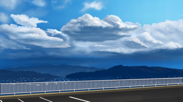 Anime picture 1280x720 with original peko (akibakeisena) wide image sky cloud (clouds) city mountain no people landscape fog fence