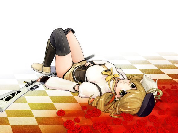 Anime picture 1800x1350 with mahou shoujo madoka magica shaft (studio) tomoe mami nino (shira) long hair highres blonde hair yellow eyes lying drill hair checkered floor girl thighhighs weapon gun rifle musket