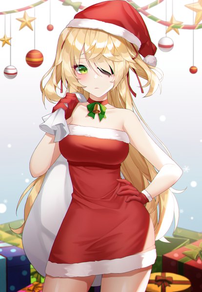 Anime picture 2662x3861 with genshin impact fischl (genshin impact) meoyo single long hair tall image looking at viewer fringe highres breasts blonde hair large breasts standing holding green eyes hair over one eye two side up hand on hip christmas girl