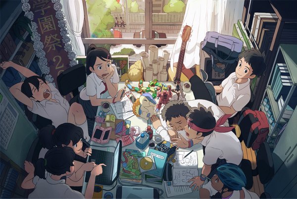 Anime picture 1544x1035 with original q; (artist) long hair short hair open mouth smile brown hair brown eyes ponytail sleeping detailed girl boy uniform hair ornament school uniform window hairclip book (books) chair