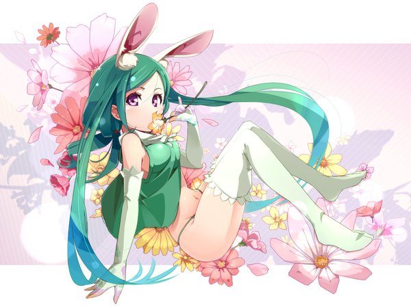 Anime picture 2000x1498 with pmpmpm single long hair looking at viewer highres light erotic purple eyes animal ears green hair girl thighhighs gloves flower (flowers) detached sleeves petals white thighhighs