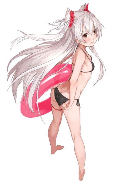 Anime picture 2127x3027 with kantai collection amatsukaze destroyer takanashi kei (hitsujikan) single long hair tall image blush fringe highres breasts open mouth light erotic simple background hair between eyes standing white background yellow eyes silver hair full body ass