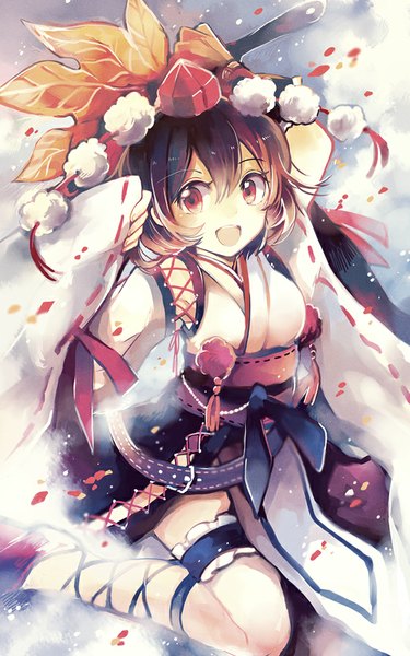 Anime picture 555x886 with touhou shameimaru aya azuma aya single tall image blush short hair open mouth red eyes brown hair looking away sky traditional clothes from above alternate costume jumping kourindou tengu costume girl petals fan