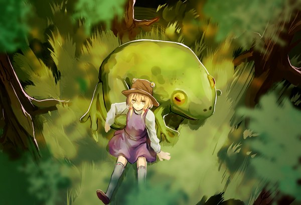 Anime picture 1985x1350 with touhou moriya suwako eredhen single looking at viewer fringe highres short hair blonde hair sitting yellow eyes from above girl thighhighs plant (plants) hat tree (trees) grass forest frog