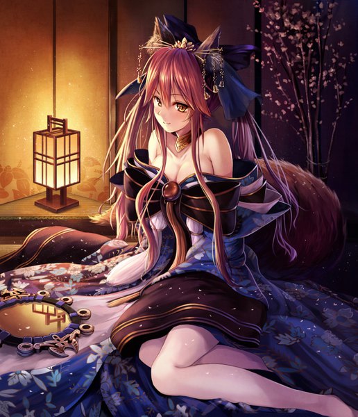 Anime picture 688x800 with fate (series) fate/grand order fate/extra tamamo (fate) (all) tamamo no mae (fate) ouka (ra-raradan) single long hair tall image fringe hair between eyes twintails bare shoulders animal ears yellow eyes looking away pink hair tail animal tail girl
