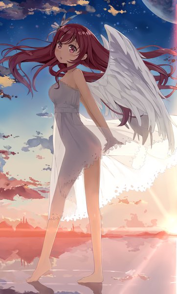 Anime picture 1620x2685 with original 5 nenme no houkago kurumi (kantoku) kantoku single long hair tall image looking at viewer blush light erotic red eyes bare shoulders sky cloud (clouds) full body red hair barefoot wind sunlight bare legs