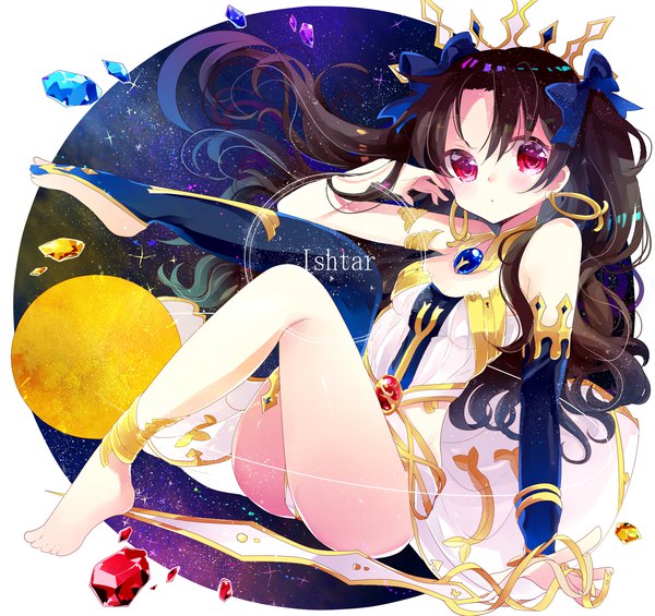 Anime picture 1700x1600 with fate (series) fate/grand order ishtar (fate) remimim single long hair looking at viewer blush light erotic black hair red eyes barefoot two side up character names adjusting hair space girl thighhighs bow hair bow