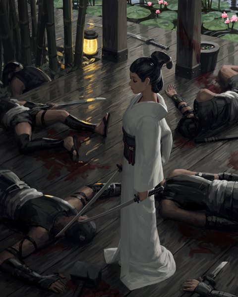 Anime picture 3277x4096 with original guweiz tall image highres short hair black hair standing holding absurdres full body eyes closed traditional clothes japanese clothes from above lips realistic light eyeshadow dual wielding bloody weapon