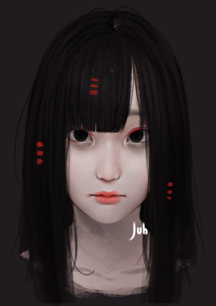 Anime picture 1240x1754 with original alyssa (jubi) jubi (regiana) single long hair tall image looking at viewer fringe black hair signed blunt bangs black eyes realistic lipstick portrait red lipstick girl hairclip