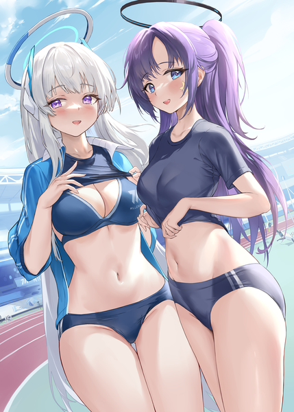 Anime picture 2220x3105 with blue archive yuuka (blue archive) yuuka (gym uniform) (blue archive) noa (blue archive) pdxen long hair tall image looking at viewer blush fringe highres breasts open mouth blue eyes light erotic smile large breasts standing purple eyes multiple girls