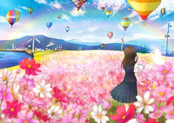 Anime picture 1023x724 with original reitun (artist) single long hair brown hair standing sky cloud (clouds) from behind back city cityscape mountain flying landscape field lake girl uniform flower (flowers)