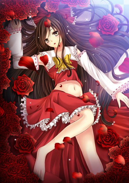 Anime picture 778x1100 with touhou hakurei reimu toshi (1-147) single long hair tall image blush open mouth black hair brown eyes midriff legs girl dress skirt navel flower (flowers) bow hair bow detached sleeves