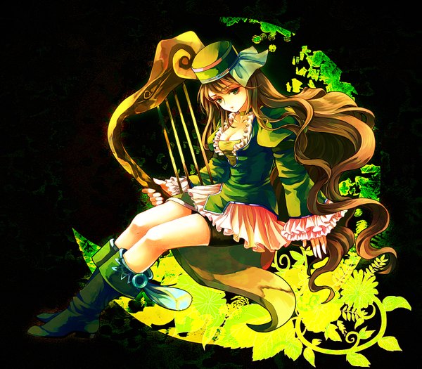 Anime picture 1500x1313 with romancing saga minstrel song romancing saga claudia (romancing saga) awa toka long hair brown hair sitting green eyes cleavage black background wavy hair girl hat boots frills leggings harp