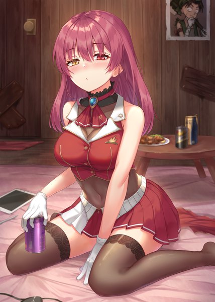 Anime picture 1488x2088 with virtual youtuber hololive houshou marine houshou marine (1st costume) gohei (aoi yuugure) single long hair tall image looking at viewer blush fringe breasts red eyes sitting bare shoulders holding yellow eyes pink hair wariza between legs