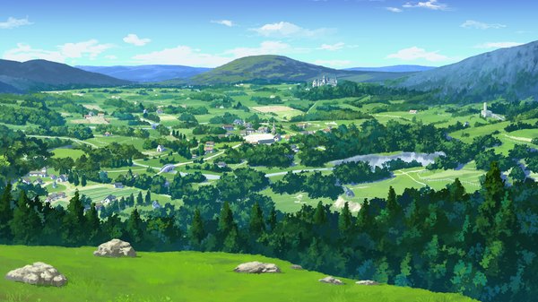 Anime picture 1280x720 with hyakka ryouran elixir senomoto hisashi wide image game cg sky cloud (clouds) mountain landscape plant (plants) tree (trees)