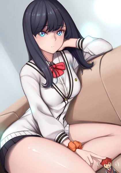 Anime picture 700x1000 with gridman universe ssss.gridman studio trigger takarada rikka hibiki yuuta dydydyok single long hair tall image looking at viewer blush fringe breasts blue eyes black hair sitting bent knee (knees) indoors blunt bangs pleated skirt