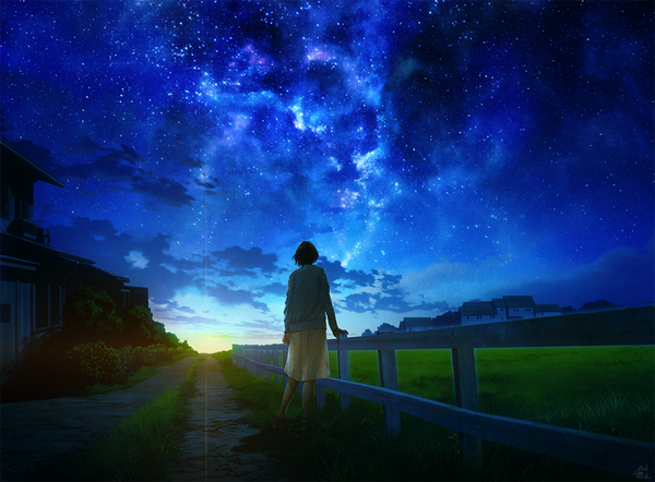 Anime picture 1100x811 with original mocha (cotton) single short hair standing sky cloud (clouds) from behind horizon morning sunrise girl plant (plants) building (buildings) star (stars) grass fence