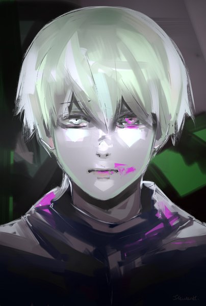 Anime picture 1280x1901 with tokyo ghoul studio pierrot kaneki ken loud silence single tall image looking at viewer fringe short hair hair between eyes silver hair upper body heterochromia portrait boy