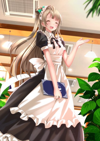 Anime picture 1102x1560 with love live! school idol project sunrise (studio) love live! minami kotori swordsouls single long hair tall image blush open mouth smile brown hair eyes closed teeth maid one side up happy girl dress hair ornament