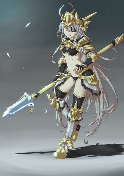 Anime picture 1240x1753 with kaho single tall image looking at viewer light erotic yellow eyes very long hair grey hair bare belly shadow girl thighhighs navel weapon black thighhighs armor eyepatch helmet spear