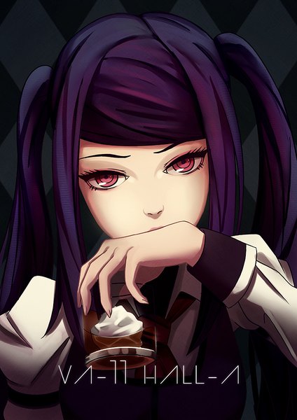 Anime picture 707x1000 with va-11 hall-a jill stingray jayceaua single long hair tall image looking at viewer simple background red eyes twintails holding payot purple hair upper body inscription copyright name dark background covered mouth girl uniform