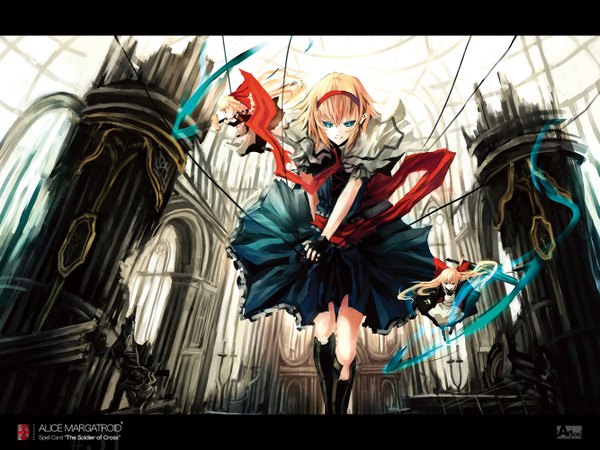 Anime picture 1333x1000 with touhou alice margatroid makai no juumin fringe short hair blue eyes blonde hair smile girl dress gloves bow weapon sword hairband doll (dolls) thread