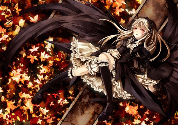 Anime picture 1697x1200 with rozen maiden suigintou memai single long hair looking at viewer blush open mouth red eyes silver hair lying high heels black wings goth-loli doll joints girl dress ribbon (ribbons) wings frills