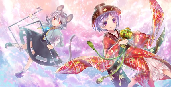 Anime picture 1700x870 with touhou nazrin sukuna shinmyoumaru neme short hair red eyes wide image purple eyes multiple girls animal ears silver hair purple hair tail traditional clothes japanese clothes animal tail mouse ears mouse tail mouse girl girl