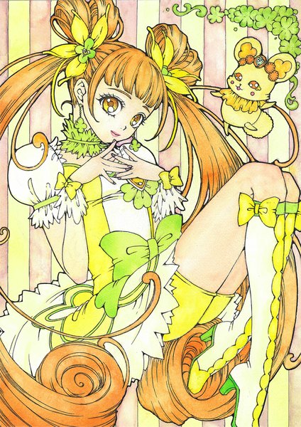 Anime picture 837x1184 with precure dokidoki! precure toei animation yotsuba alice cure rosetta rance (dokidoki! precure) sayococco single tall image looking at viewer fringe smile twintails yellow eyes very long hair orange hair hair bun (hair buns) drill hair striped magical girl