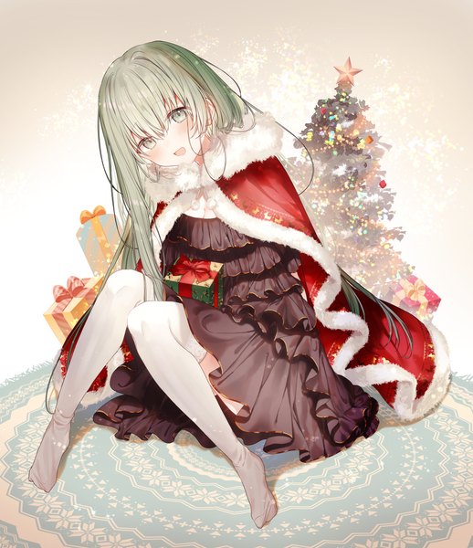 Anime picture 1000x1158 with shiro seijo to kuro bokushi cecilia (shiro seijo to kuro bokushi) teigi single long hair tall image looking at viewer blush fringe open mouth hair between eyes sitting green eyes full body head tilt :d green hair no shoes fur trim christmas