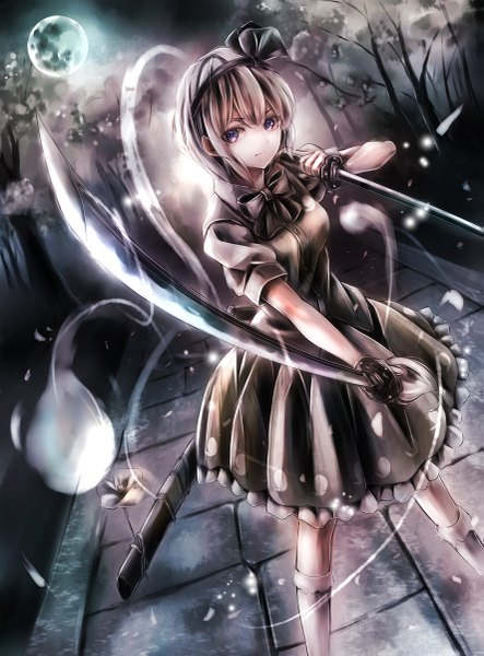 Anime picture 887x1200 with touhou konpaku youmu myon jan (lightdragoon) single tall image looking at viewer short hair standing holding silver hair night grey eyes cherry blossoms fighting stance dual wielding girl skirt ribbon (ribbons) weapon