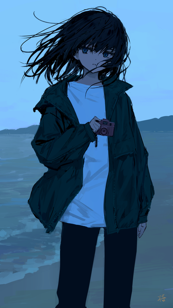 Anime picture 1406x2500 with original sho (sho lwlw) single long hair tall image fringe blue eyes black hair hair between eyes standing holding signed looking away sky outdoors parted lips wind open jacket beach sleeves past wrists