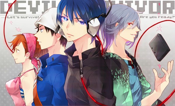 Anime picture 1100x668 with shin megami tensei protagonist (devil survivor) kihara atsurou naoya tanigawa yuzu kyokisaragi (artist) looking at viewer short hair blue eyes red eyes brown hair wide image blue hair ponytail profile light smile grey hair orange hair inscription grey background