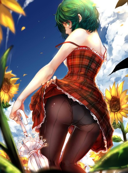 Anime picture 1000x1346 with touhou kazami yuuka sola7764 single tall image short hair light erotic bare shoulders green eyes sky cloud (clouds) ass looking back green hair closed umbrella girl dress underwear panties flower (flowers)