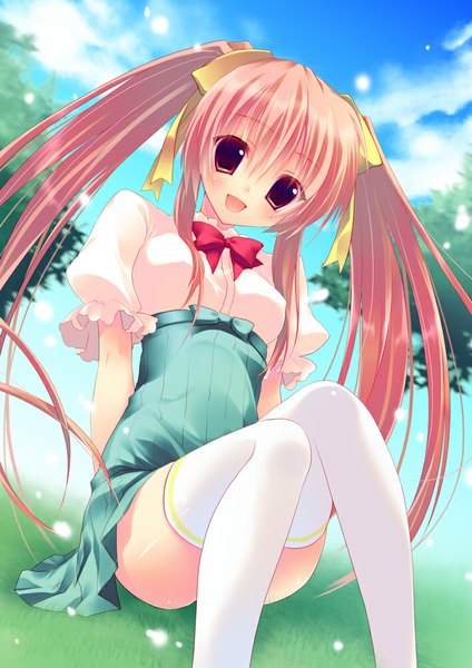 Anime picture 707x1000 with original amanagi seiji single long hair tall image blush open mouth red eyes twintails pink hair girl thighhighs dress ribbon (ribbons) hair ribbon white thighhighs