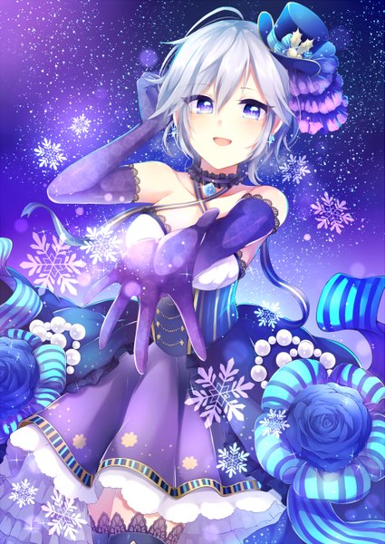 Anime picture 2005x2832 with idolmaster idolmaster cinderella girls pixiv anastasia (idolmaster) kaenuko (kaenuco) single tall image looking at viewer blush fringe highres short hair open mouth blonde hair standing purple eyes bare shoulders outdoors :d light smile