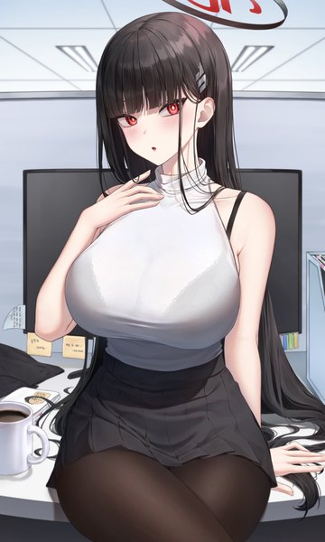 Anime picture 3000x5000 with blue archive rio (blue archive) soo ou single long hair tall image looking at viewer blush fringe highres breasts open mouth light erotic black hair red eyes large breasts sitting bare shoulders indoors blunt bangs