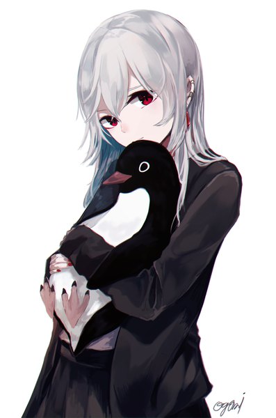 Anime picture 2326x3509 with original ogami ren single long hair tall image looking at viewer fringe highres simple background hair between eyes red eyes white background holding signed payot silver hair upper body long sleeves nail polish head tilt