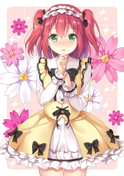 Anime picture 600x847 with love live! sunshine!! sunrise (studio) love live! kurosawa ruby kawauchi (kaz7ry) single tall image looking at viewer blush open mouth green eyes red hair two side up floral background girl dress bow frills lolita hairband
