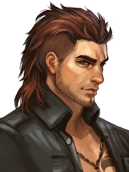 Anime picture 750x1000 with final fantasy final fantasy xv square enix gladiolus amicitia wishfulpotato single tall image simple background brown hair white background brown eyes open clothes open jacket tattoo portrait boy jacket pendant beard