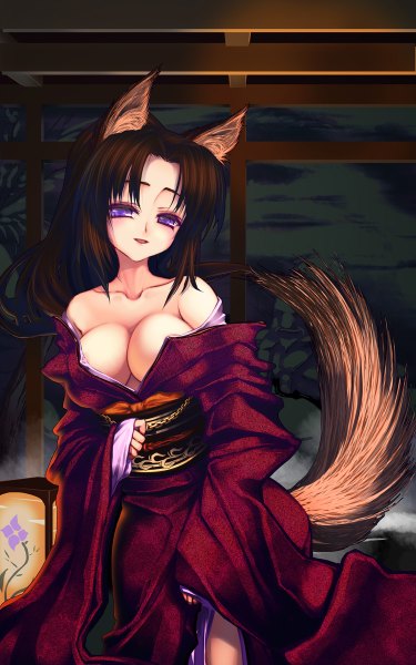 Anime picture 750x1200 with original coffee cat single long hair tall image looking at viewer breasts open mouth light erotic brown hair purple eyes animal ears tail traditional clothes japanese clothes animal tail girl kimono obi