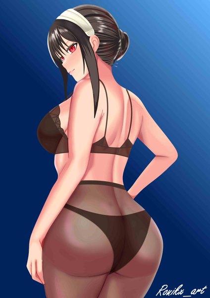Anime picture 3508x4961 with spy x family yor briar ronikx art single tall image blush fringe highres short hair breasts light erotic black hair simple background hair between eyes red eyes large breasts standing signed payot looking away